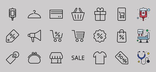 Black Friday Icon Set contains icons of Promotions, Discounts Shopping, Shopping Cart. Editable stroke. Vector Symbols, Linear