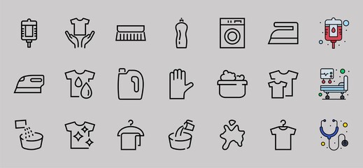 Simple set of washing related vector line Icons. Contains icons such as washing machine, powder, laundry, dirty t-shirt and much more. On a white background, editable stroke. 48x48 pixels perfect