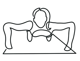 One line drawing of athletic sport woman doing push up.
One continuous line drawing of  exercising woman.