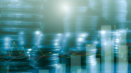Financial investment concept, Double exposure of stack of coins and city for finance investor, Forex trading market candlestick chart, Cryptocurrency Digital economy. investing growing. business.
