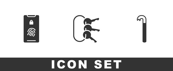 Set Mobile with fingerprint scan, Bunch of keys and Crowbar icon. Vector.