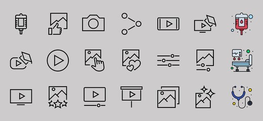 Gallery Set of Images vector line icons. Contains icons such as video, play video, edit images, Business Training, like photo. Editable stroke. Vector illustration