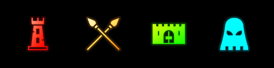 Set Castle tower, Crossed medieval spears, Medieval castle gate and Executioner mask icon. Vector.