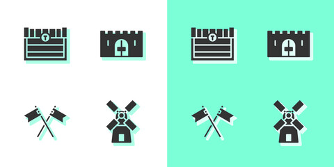 Set Windmill, Antique treasure chest, Crossed medieval flag and Medieval castle gate icon. Vector.