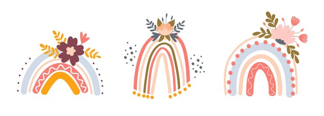 Summer rainbow and flowers cute botanical illustration on isolated background. Vector illustration for summer and spring for holiday decoration