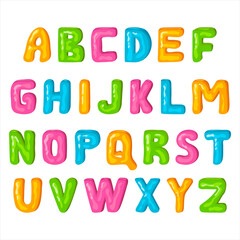 Multicolored jelly alphabet for kids. Colorful letters in cartoon style. Childrens font on a white background. Isolated vector objects.