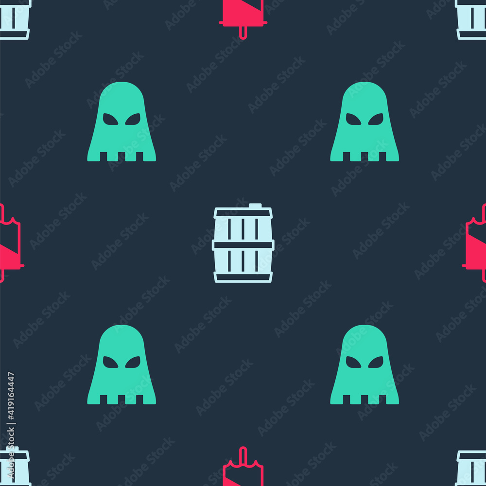 Poster set medieval flag, wooden barrel and executioner mask on seamless pattern. vector.