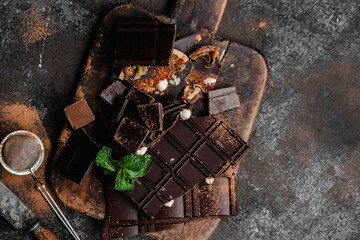 Chocolate bars of different varieties close up