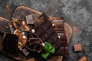 Chocolate bars of different varieties close up