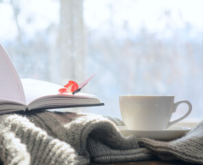On the sweater is a diary on which sits a butterfly. There is a cup of coffee next to it. Against the background of a spring window. Concept-breakfast, business.