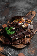 Chocolate bars of different varieties close up