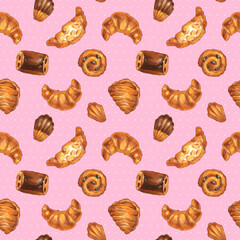 Lovely seamless bakery pattern on rose pink background with isolated elements made of marker sketches of croissants, pastry, bakery for package, decoration, graphic design and web
