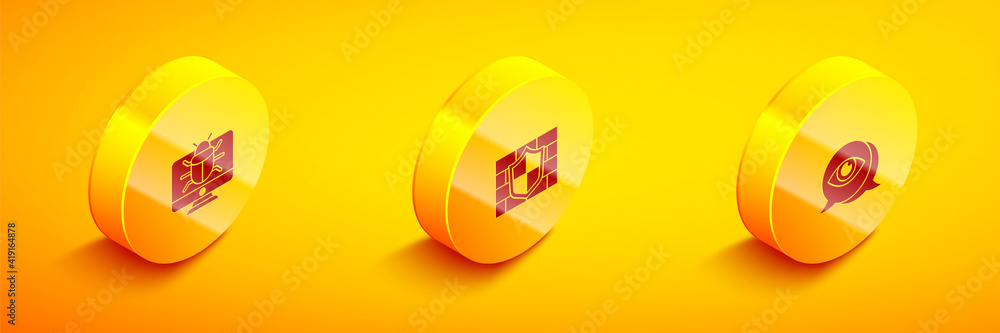 Poster set isometric system bug on monitor, shield with brick wall and eye scan icon. vector.
