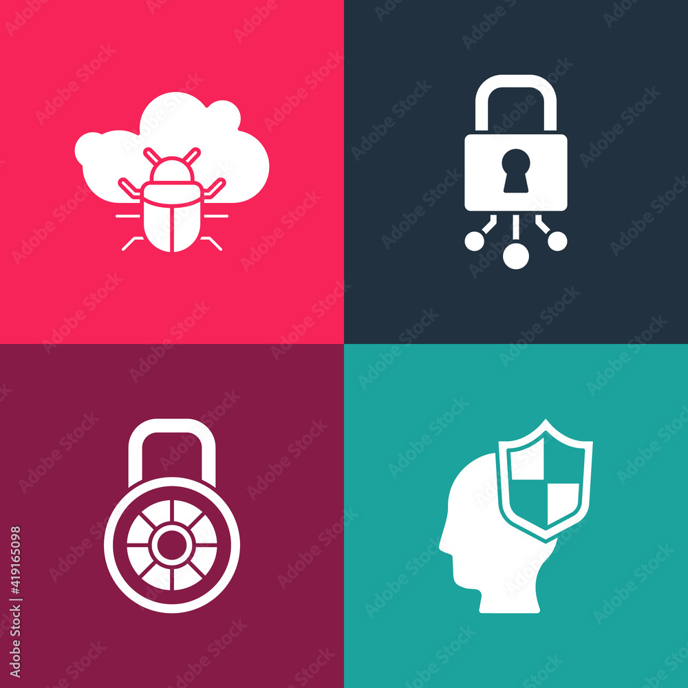 Poster set pop art head with shield, safe combination lock, cyber security and system bug cloud icon. vecto