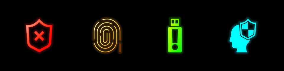 Obraz premium Set Shield with cross mark, Fingerprint, USB flash drive and Head shield icon. Vector.