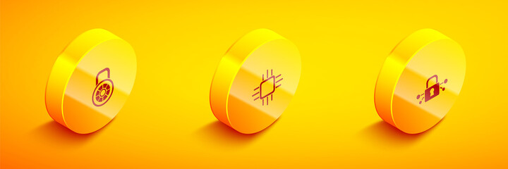 Set Isometric Safe combination lock, Processor with microcircuits CPU and Cyber security icon. Vector.