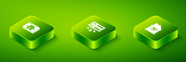 Set Isometric Server, Data, Web Hosting, House with eye scan and Browser incognito window icon. Vector.