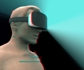 A man wearing augmented reality glasses. VR AR glasses. 3D concept of new technologies and technologies of the future with glitch effect.