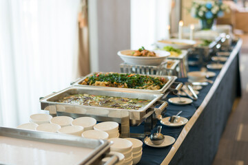 buffet food, catering food party at restaurant, mini canapes, snacks and appetizers
