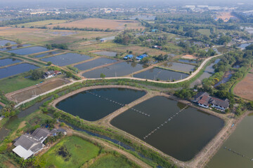 Aerial view from flying drone of Fish pond, fish farm