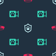 Set Pet food bowl, Animal health insurance and Veterinary clinic on seamless pattern. Vector.
