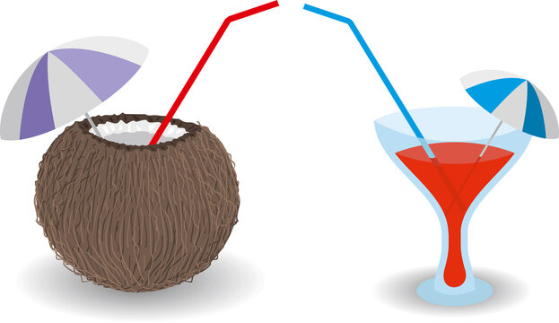vector cocktails in coconut and wine glass with umbrella and straw