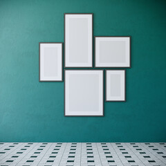 Blank picture frames mock up on green wall. retro room interior design, 3d rendering	