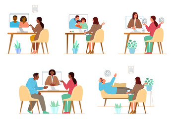 Vector Illustrations Set Of Online And Offline Psychotherapy Sessions With Woman Psychologist. Family Therapy And Individual Treatment.
