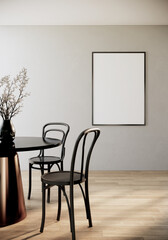 vertical picture frame mock up in modern dinning room interior with black chairs and round dining table with wooden floor and white wall, 3d rendering	