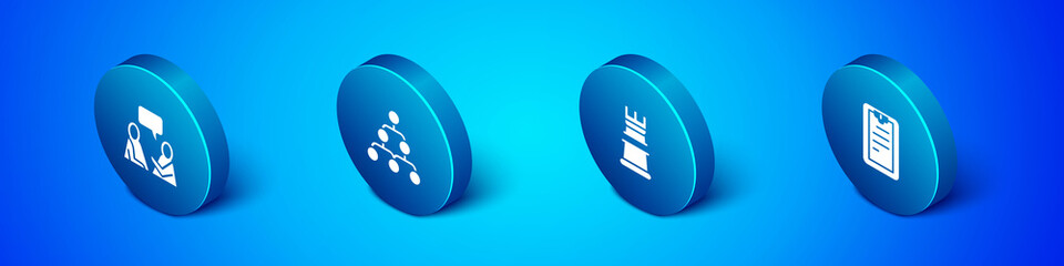 Set Isometric Two sitting men talking, Business strategy, Clipboard with checklist and Hierarchy organogram chart icon. Vector.