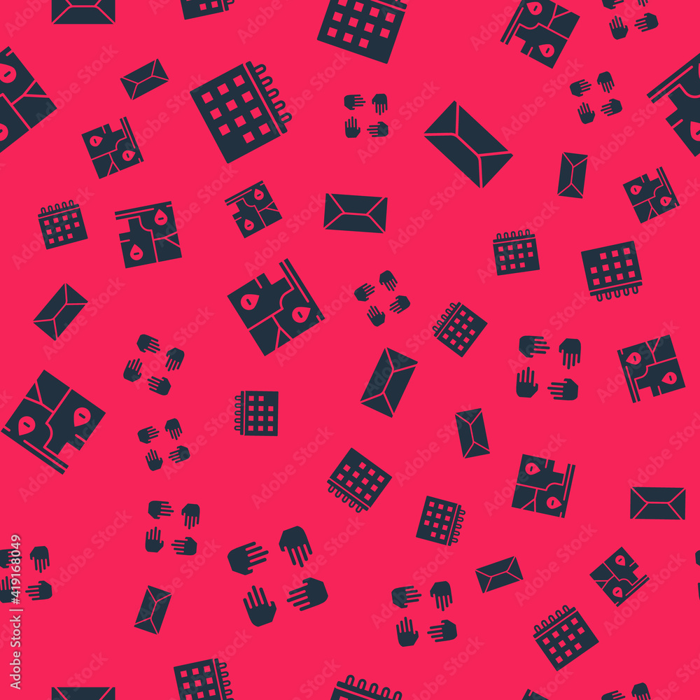 Poster set project team base, calendar, folded map with location and envelope on seamless pattern. vector.