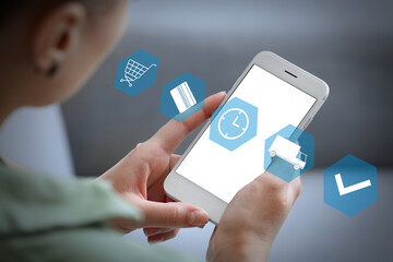 Woman with mobile phone using delivery service application