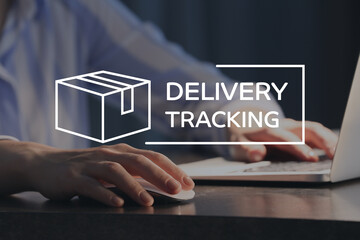 Woman with laptop using delivery service application