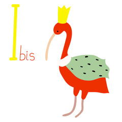 Educational Cartoon Vector Illustration Hand drawn English letter I. Alphabet with Ibis. Animal Character for children design.