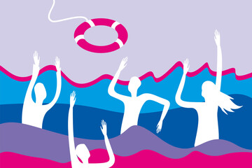 Salvation of a drowning person. Silhouettes of people float in the water. Economic crisis. Lifebuoy. Flat color graphics.