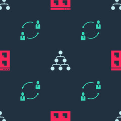 Set Browser files, Hierarchy organogram chart and Human resources on seamless pattern. Vector.