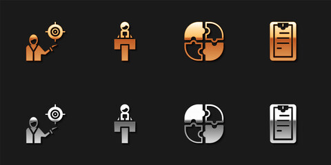 Set Marketing target strategy, Stage stand or tribune, Piece of puzzle and Clipboard with checklist icon. Vector.