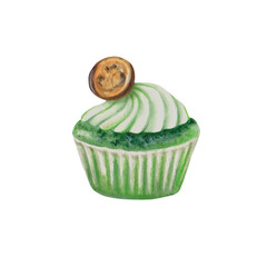 Hand drawn watercolor green cupcake with whipped cream and coin on it. For St.Patrick's holiday, birthday party, cook books, cafe desserts menu, prints, stickers, stationery, t-shirts, food blog, logo