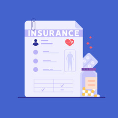 Medical insurance for health-conscious people. Protection of health and life of people with document of insurance. Healthcare and medical service. Vector illustration in flat cartoon design