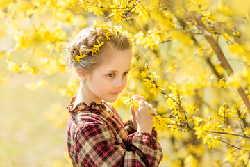 Fototapeta premium girl sniffs yellow flowers. A child on the background of forsythia. Spring portrait of a child with flowers in her hair