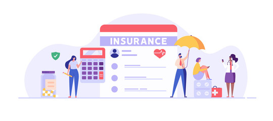 Medical insurance. Concept of health insurance and life insurance. Protection of health and life of people with document of insurance. Healthcare and medical service. Vector illustration in flat
