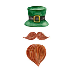 Watercolor set of traditional St.Patrick's day green hat, red beard, moustache. Spring holiday symbols. For stickers, greeting cards, party invites, stationery, barber shop logo, t-shirt print, labels