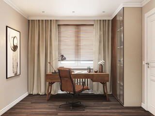 Home interior with workplace. Desk by the window. 3d illustration