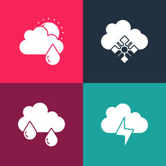 Set pop art Storm, Cloud with rain, snow and and sun icon. Vector.