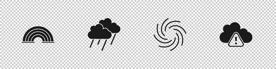 Set Rainbow, Cloud with rain, Tornado and Storm warning icon. Vector.