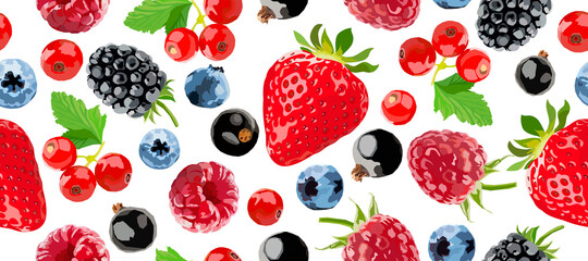 Berry  seamless pattern. Raspberry, blackberry, strawberry, currant and blueberry.