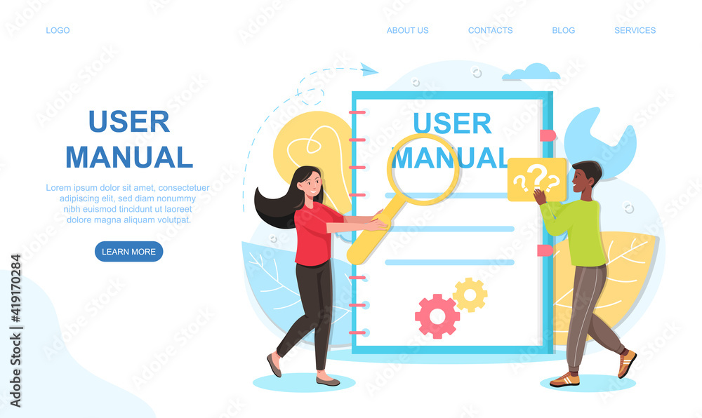 Aufkleber document specification requirements user manual book. flat abstract metaphor outline cartoon vector 