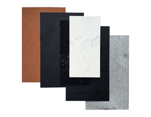 cmbination of interior material board containing white and black artificial stone ,black and brown leather laminates ,concrete laminated samples isolated on white background with clipping path.