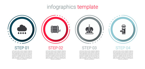 Set Cloud with rain, Wooden barrel, British crown and London mail box. Business infographic template. Vector.