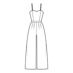Cami jumpsuit overall technical fashion illustration with full length, normal waist, double pleats, strap, fitted body. Flat apparel front, white color style. Women, men unisex CAD mockup